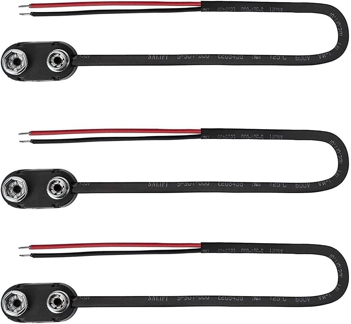9V Battery Snap On Hard-Shell Clip Connector with Insulated Wires - 3 Pieces
