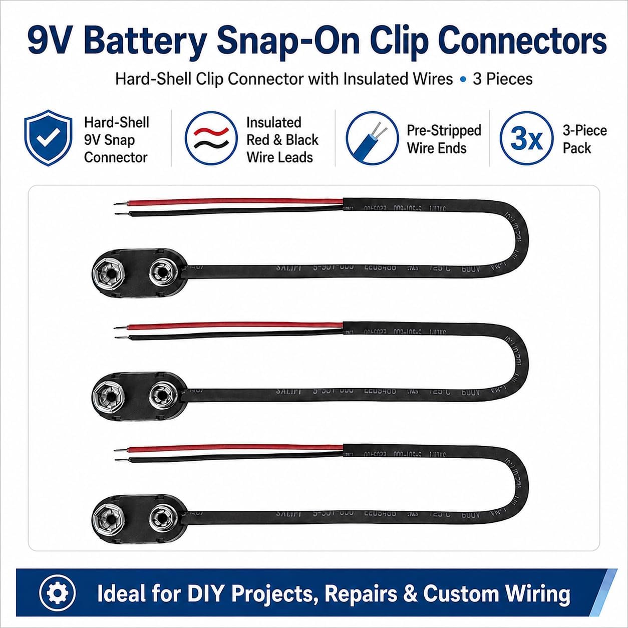 9V Battery Snap On Hard-Shell Clip Connector with Insulated Wires - 3 Pieces view 2