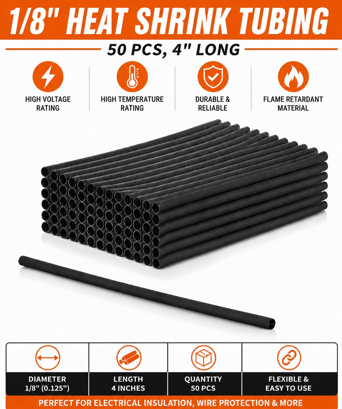 1/8" Heat Shrink Tubing, 50 pcs, 4" Long, High Voltage & Temperature Rating view 2