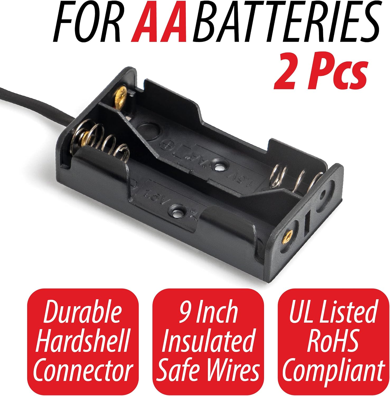 Double-A Battery Connectors, 2 Slot Hard-Shell AA Battery Holders with Insulated Wire Leads - 2 Pieces view 2