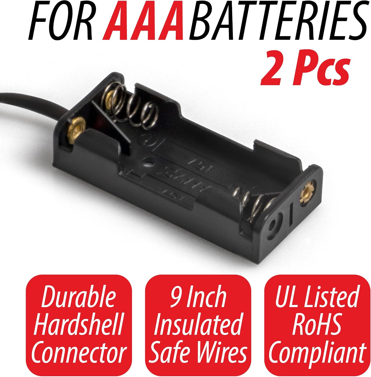 Triple-A Battery Connectors, 2 Slot Hard-Shell AAA Battery Holders with Insulated Wire Leads - 2 Pieces view 2