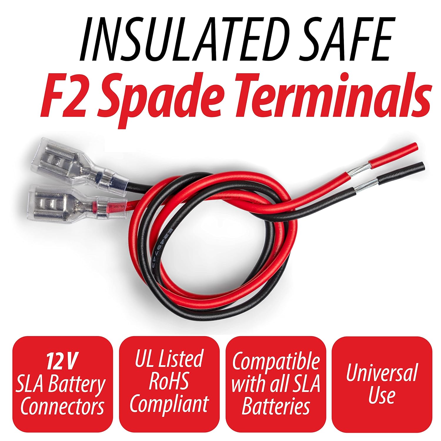SLA Battery Terminal Leads, Female Spade Quick Connect/Disconnect 6.3mm F2 Type Terminals with Insulated Sleeves and Heavy Duty 16 Guage Wires - 6 Pieces view 3