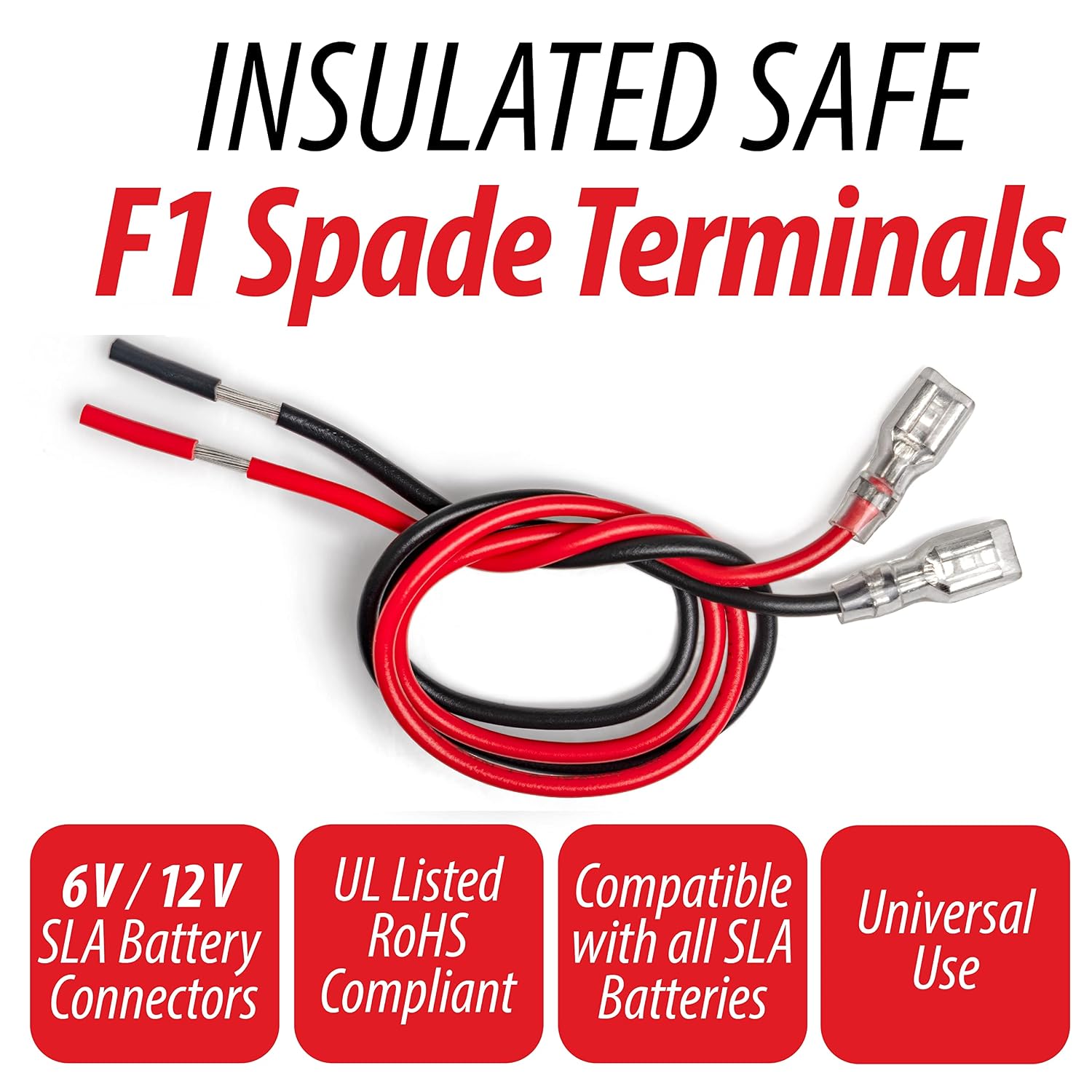 SLA Battery Terminal Leads, Female Spade Quick Connect/Disconnect 4.8mm F1 Type Terminals with Insulated Sleeves and Heavy Duty 16 Guage Wires - 6 Pieces view 3