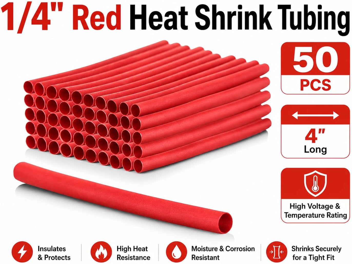 1/4" Red Heat Shrink Tubing, 50 pcs, 4" Long, High Voltage & Temperature Rating view 2