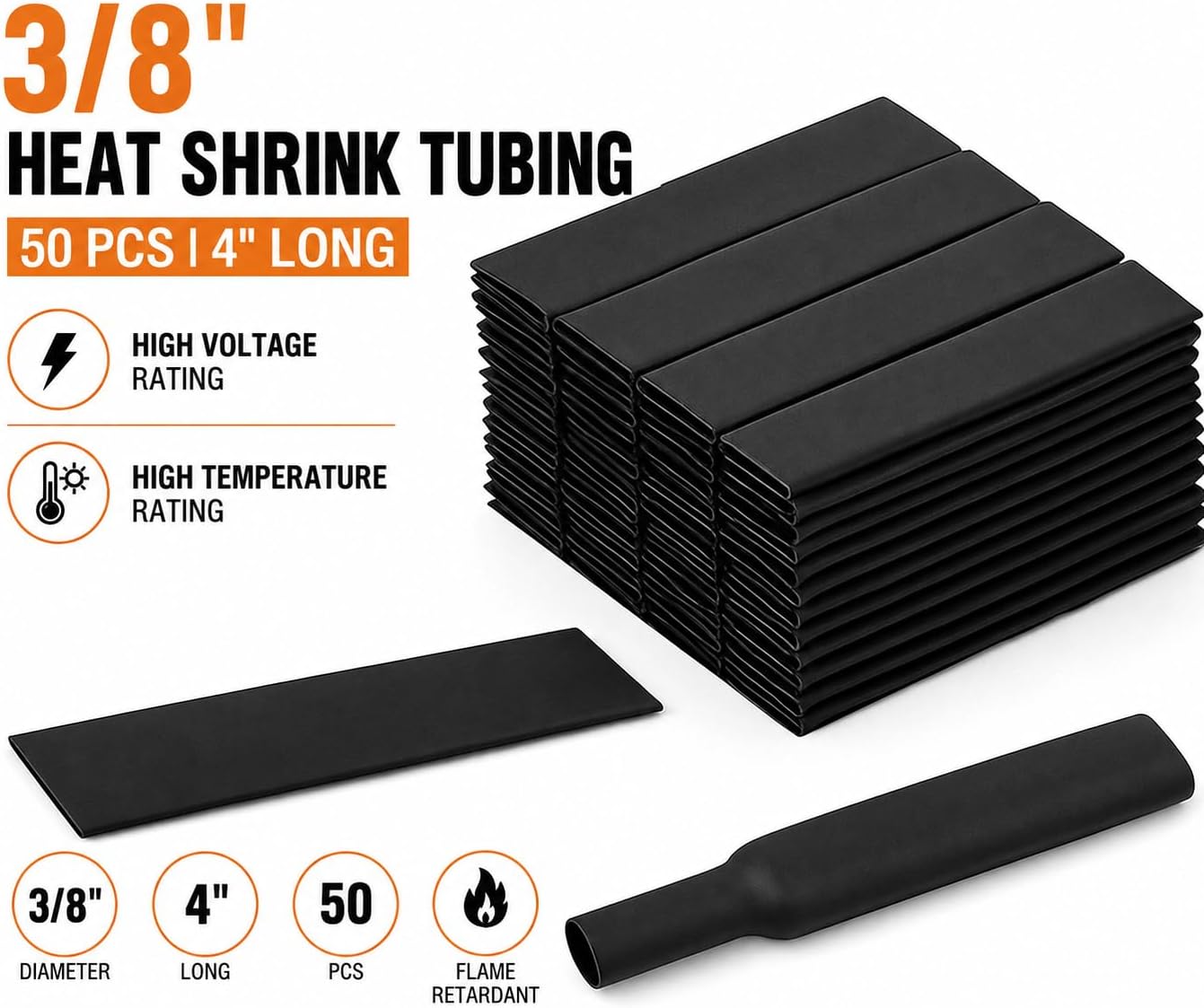3/8" Heat Shrink Tubing, 50 pcs, 4" Long, High Voltage & Temperature Rating view 2