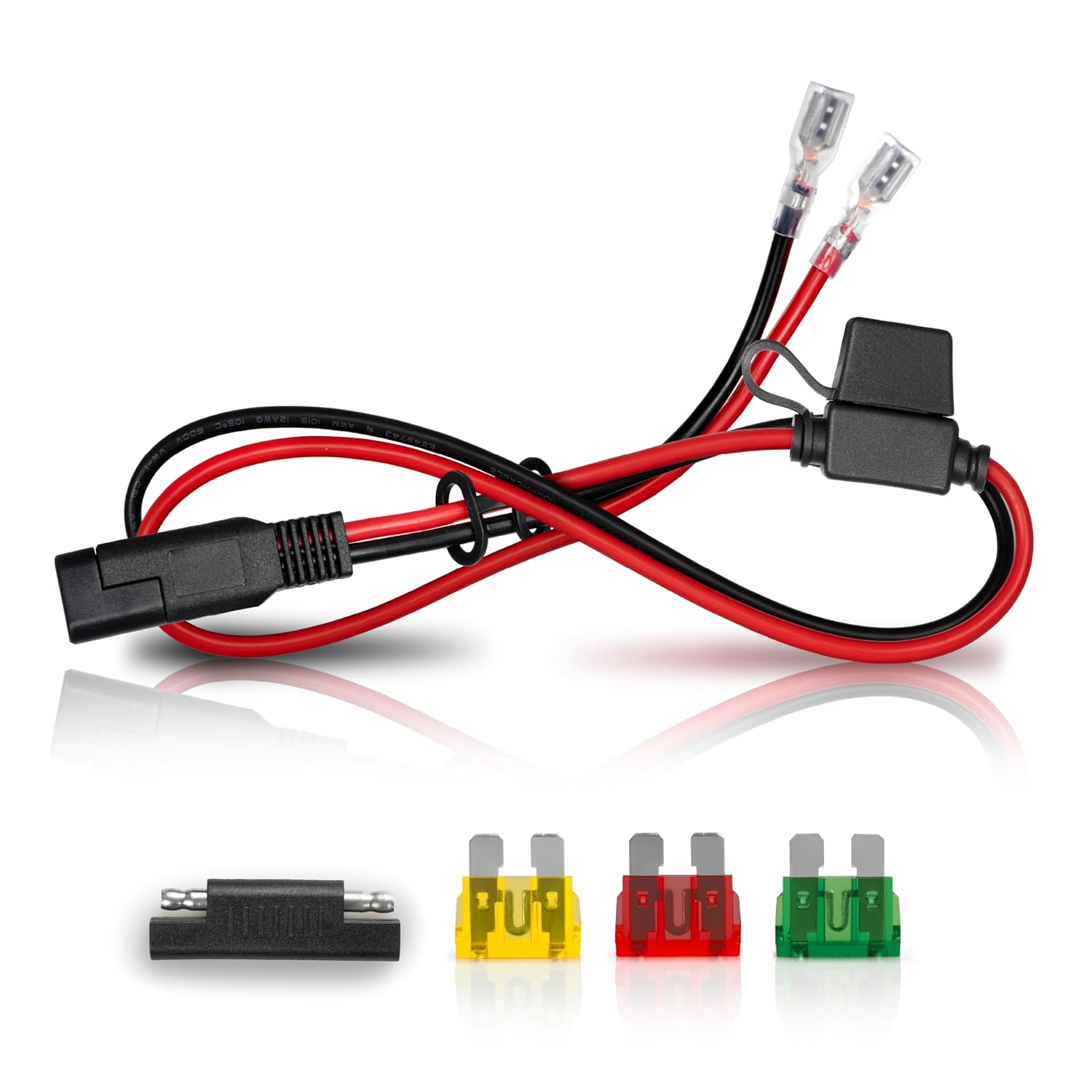 SAE Connector Plug to F2 Spade Terminals Cable – 14 AWG, 2 Feet, 20 Amp Fuse, Heavy Duty Automotive, Solar, and Battery Power Wire for Electrical Connections