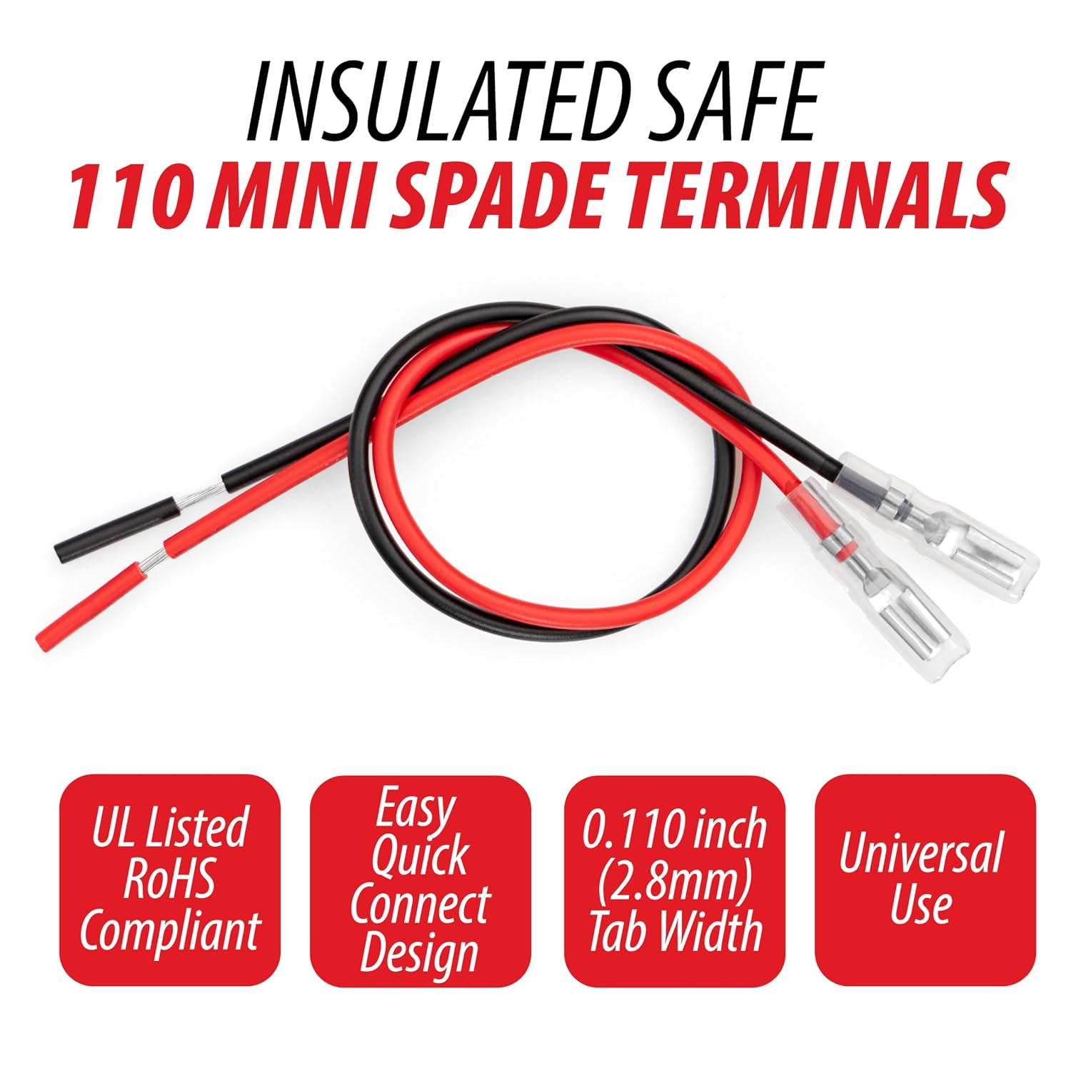 110 Terminal Wires – Mini Spade Quick Connect/Disconnect 0.110" (2.8mm) Female Tabs with Insulated Sleeves – 18 AWG Heavy-Duty Wire – 8 Pieces view 3