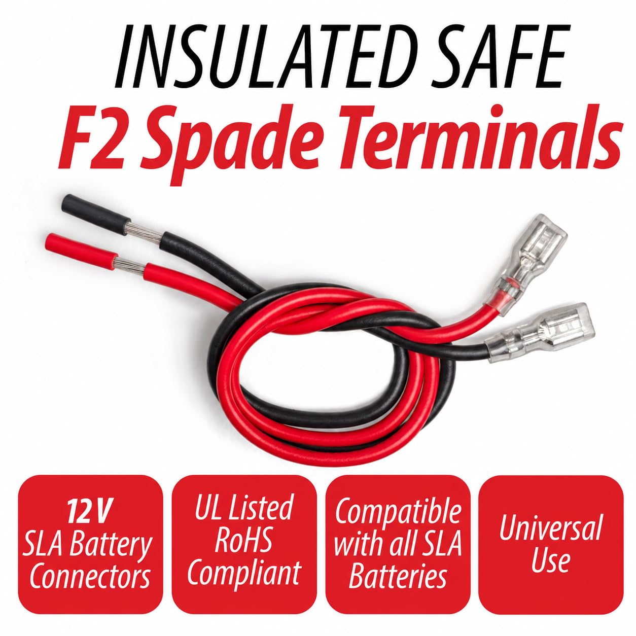 SLA Battery Terminal Leads, Female Spade Quick Connect/Disconnect 6.3mm F2 Type Terminals with Insulated Sleeves and Heavy Duty 14 AWG Wires - 6 Pieces view 3