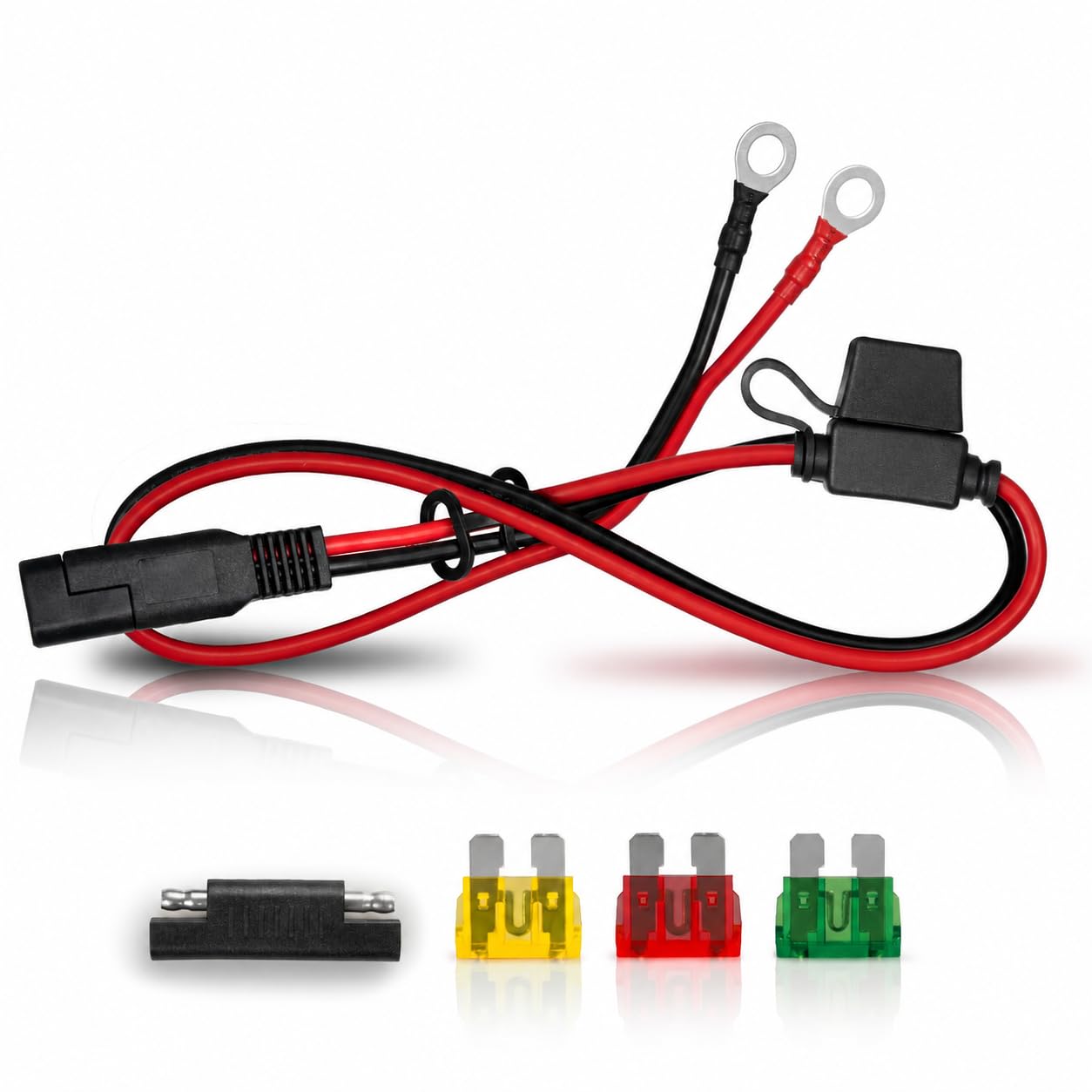 SAE Connector Plug to 1/4" Ring Terminals Cable – 14 AWG, 2 Feet, 20 Amp Fuse, Heavy Duty Automotive, Solar, and Battery Power Wire for Electrical Connections