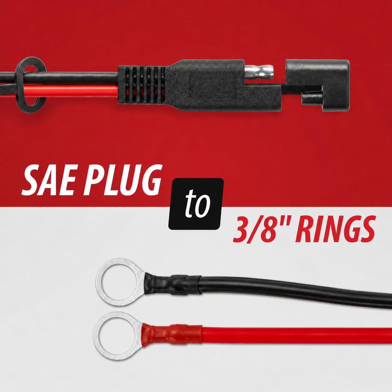 SAE Connector Plug to 3/8" Ring Terminals Cable – 14 AWG, 2 Feet, 20 Amp Fuse, Heavy Duty Automotive, Solar, and Battery Power Wire for Electrical Connections view 2